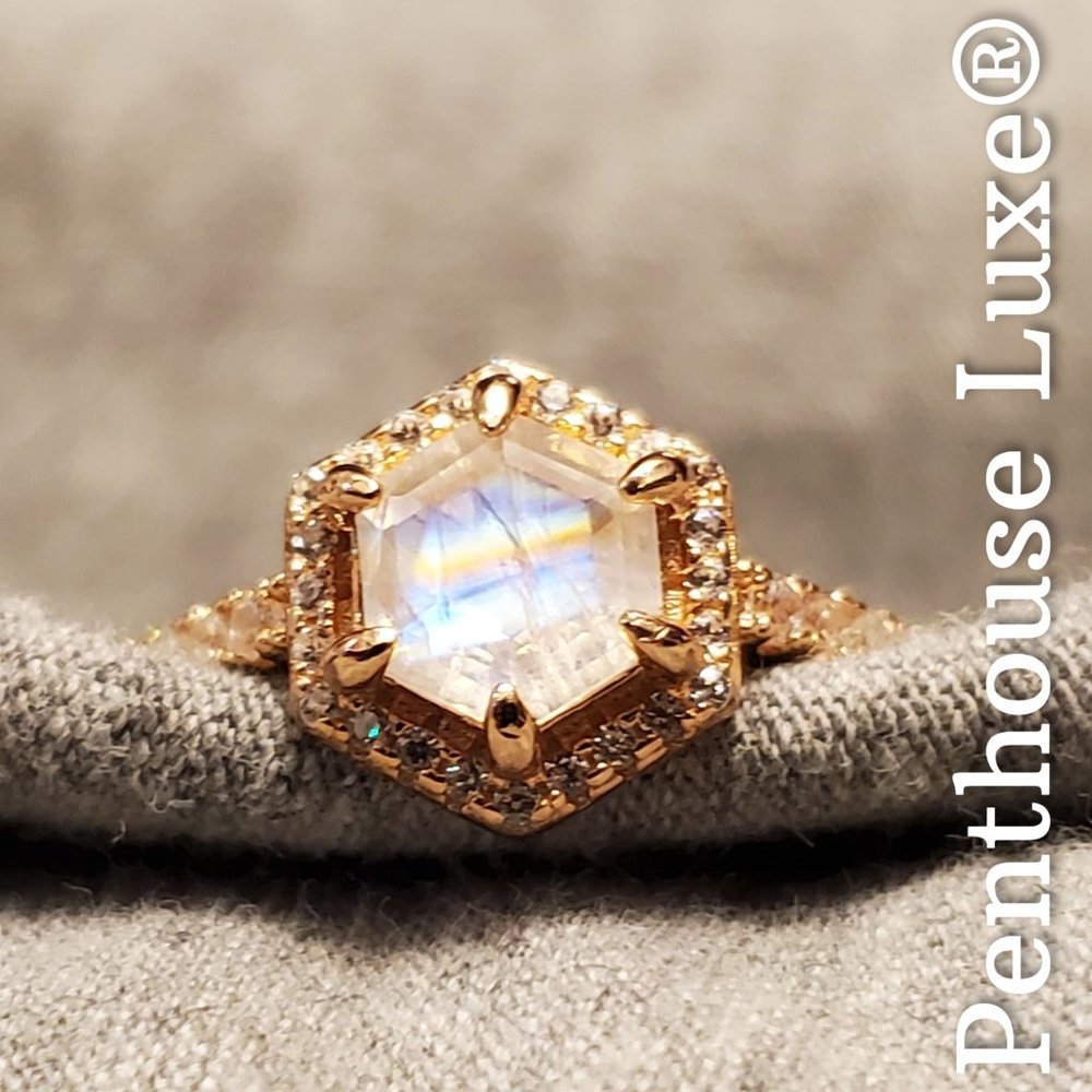 NATURAL Moonstone White Topaz Halo Rose Gold 925 Ring